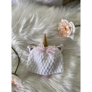 Baby OSFM White Unicorn‎ Gold Horn Pink Mane Beanie Hat Knitted Costume Cute EUC